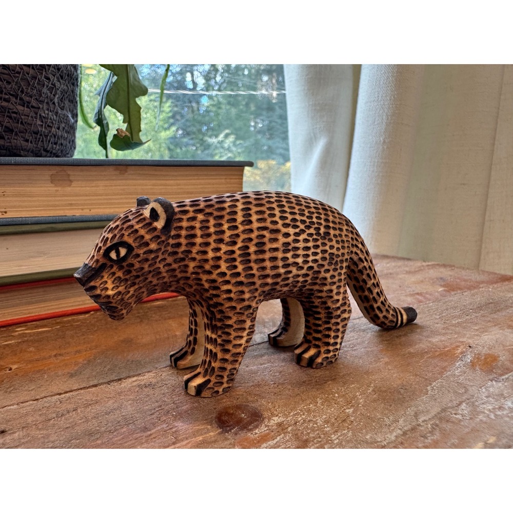 Hand Carved Wooden Leopard Figurine Spotted Cat Folk Art Sculpture 5 Inch